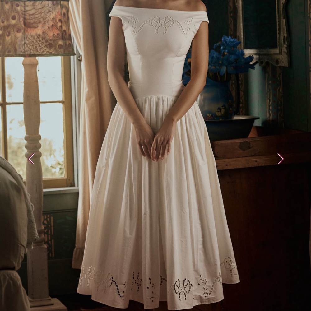 House of CB • Lauren Off-Shoulder White Midi Dress with Eyelet Hem